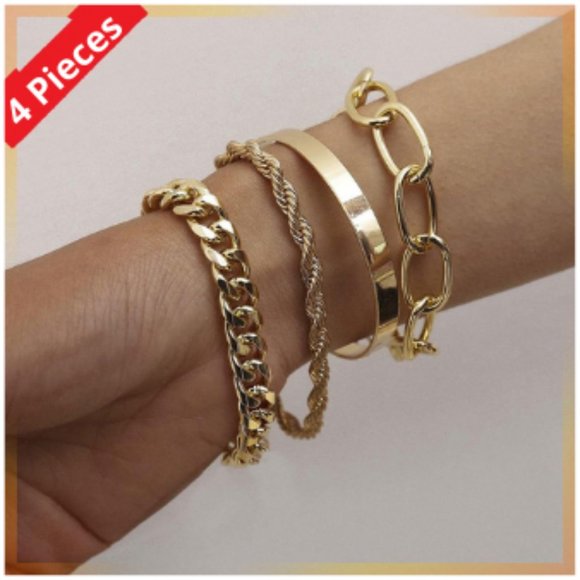 14K Gold Plated Bracelets Bangles Set of 4 - Picture 1 of 3